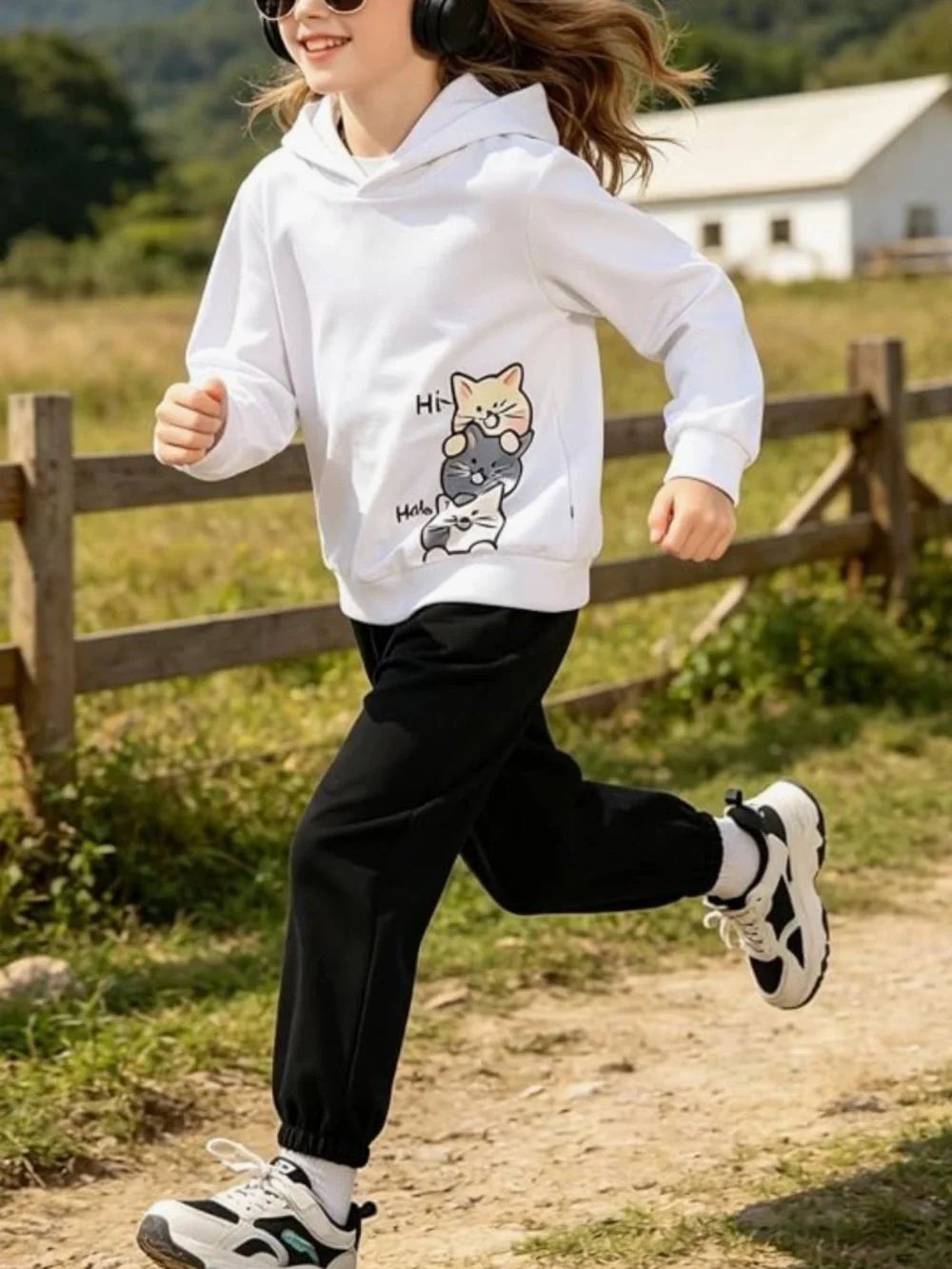 Girls White Hoodie & Black Joggers Set with Cute Cat Stack Graphic